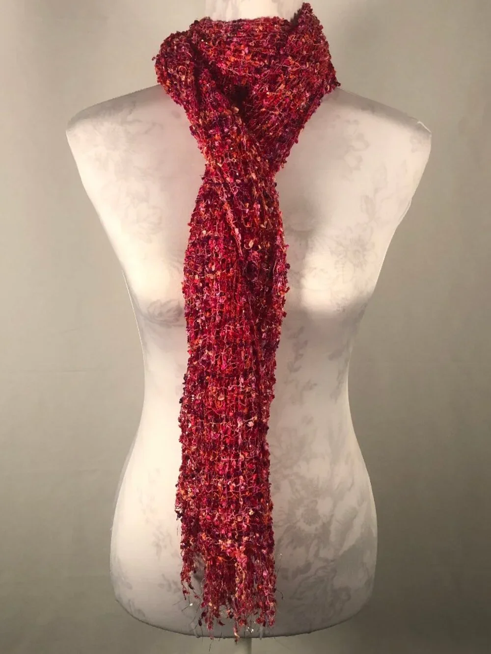 Vintage Textured Fringe Scarf – Red Pink Multi Knit | Soft Luxe Wrap